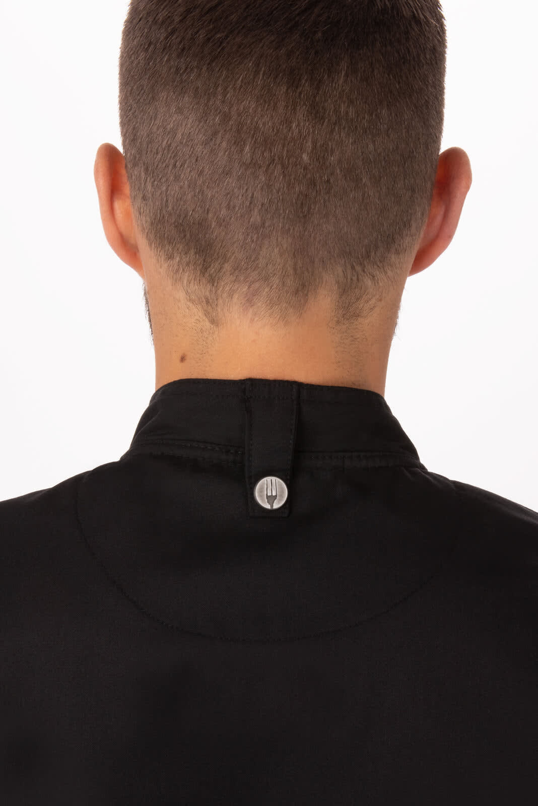 A black chef jacket featuring a button closure at the back. Logo visible on the collar.