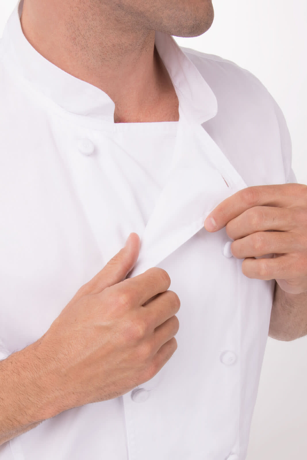 A white chef jacket with a fitted collar, featuring buttons and a subtle logo.