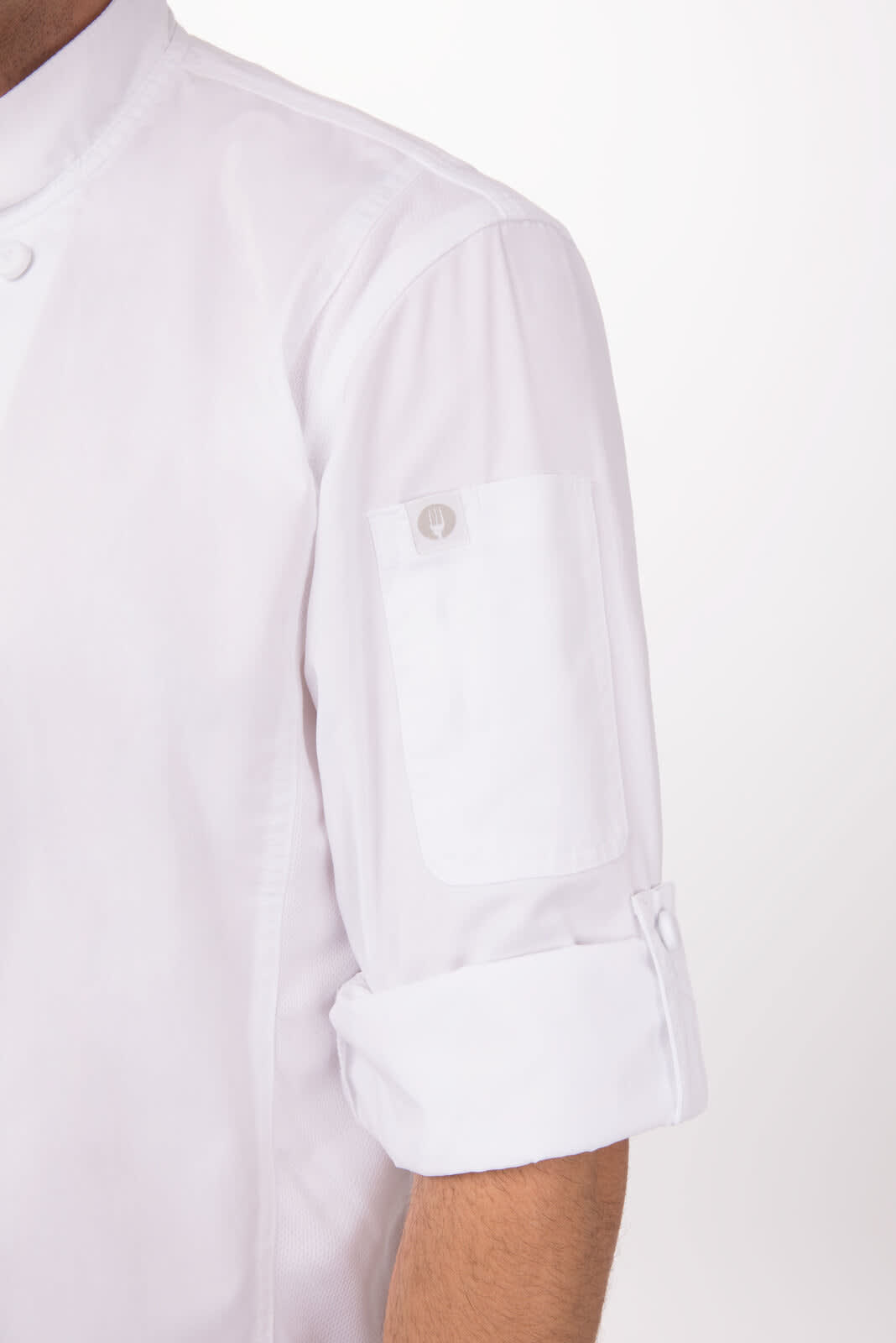 A white chef jacket with a rolled-up sleeve and a small pocket on the arm, featuring a logo.