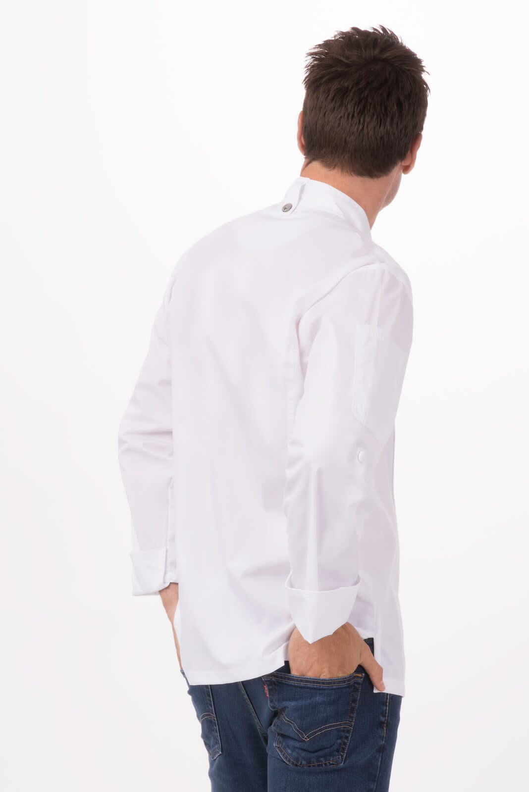 A white Bowden Men's Chef Jacket displayed on a model from the back, featuring a sleek design and long sleeves.