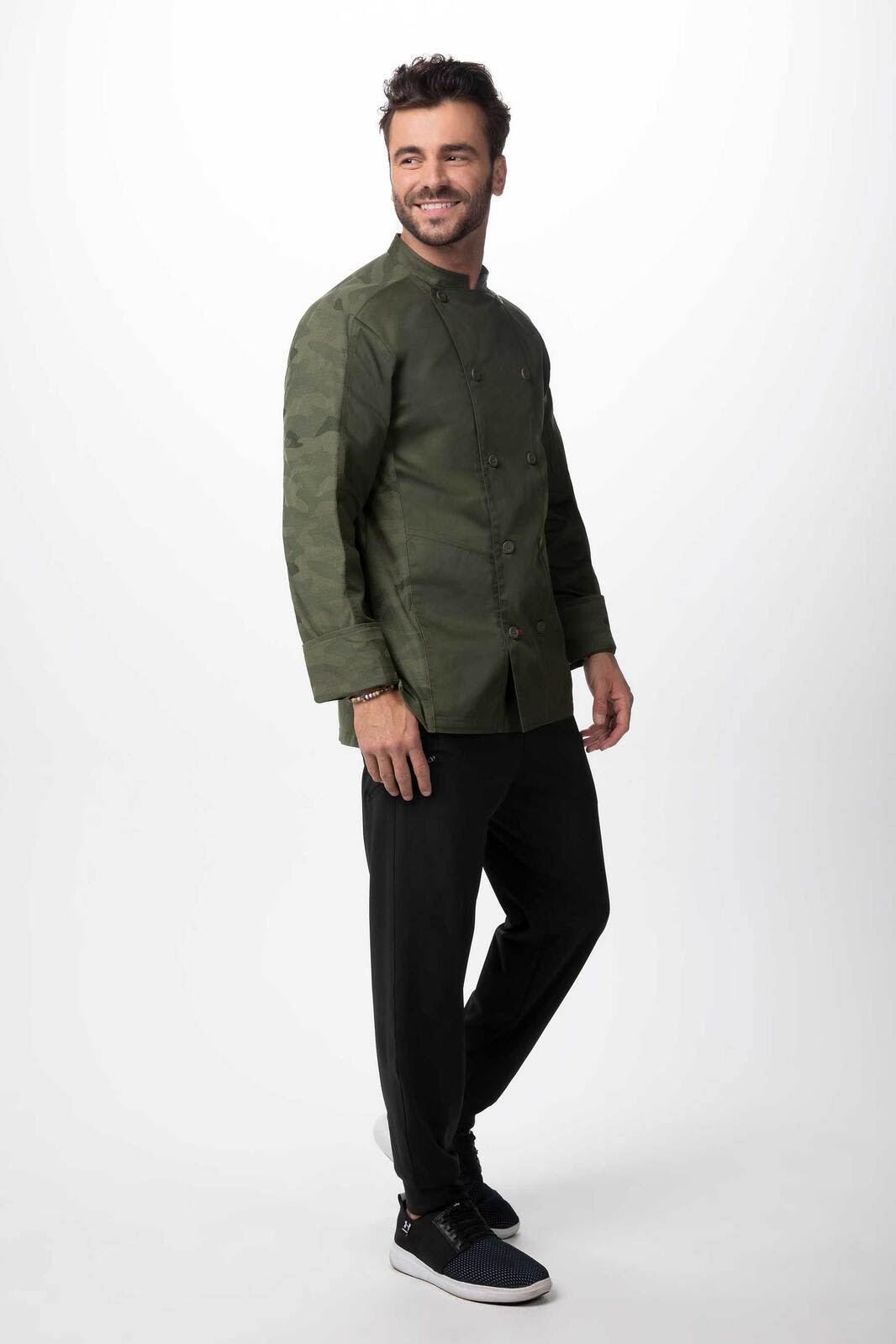 A men's chef jacket in green fabric, featuring long sleeves, a buttoned front, and a clean design.