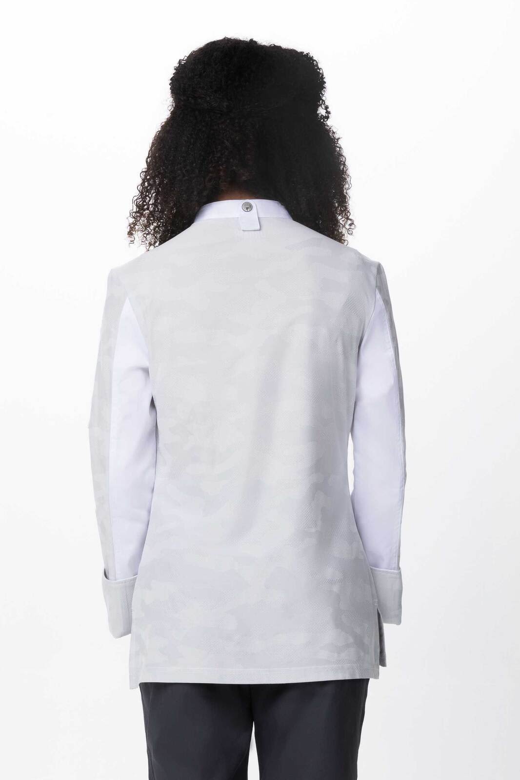 A women's chef jacket in light grey and white with a buttoned collar and long sleeves. It features a logo on the back.