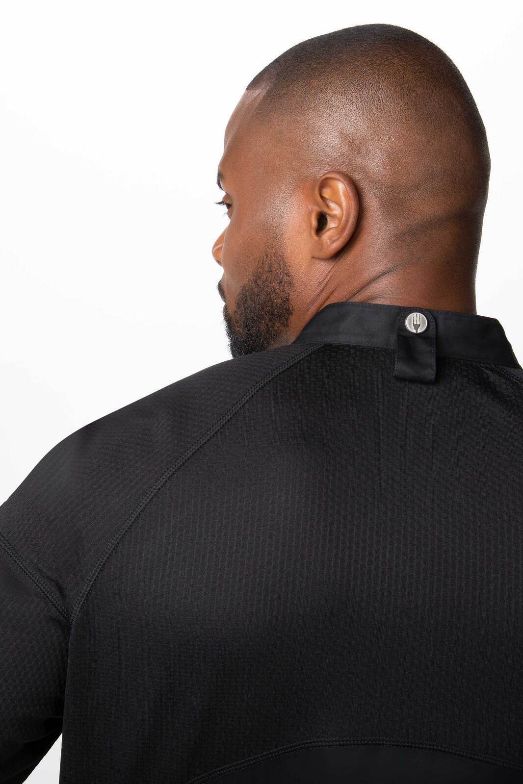 A black men's chef jacket featuring a button at the collar and a textured fabric design.