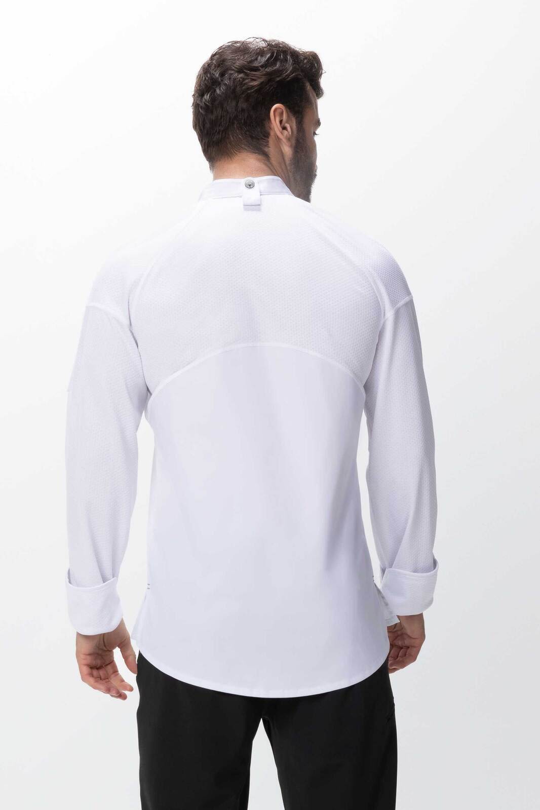 A white chef jacket for men, featuring a collar and long sleeves, with a logo on the back.