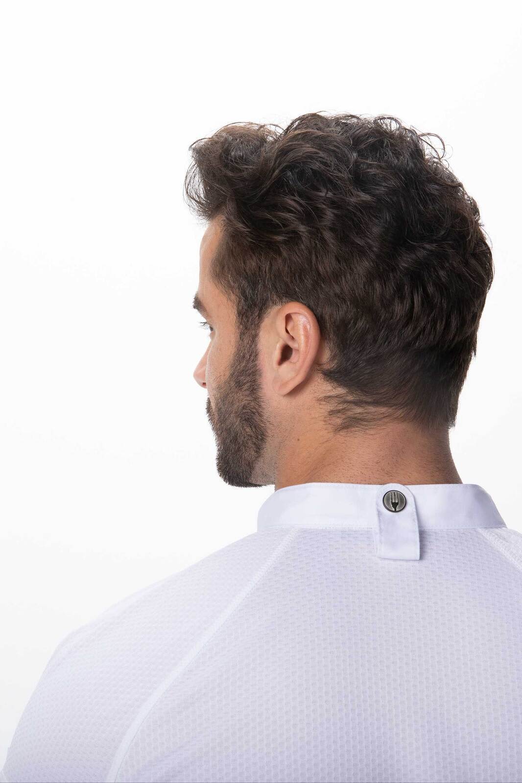 A white chef jacket featuring a buttoned neck fastening, designed for men, showcasing the back view.