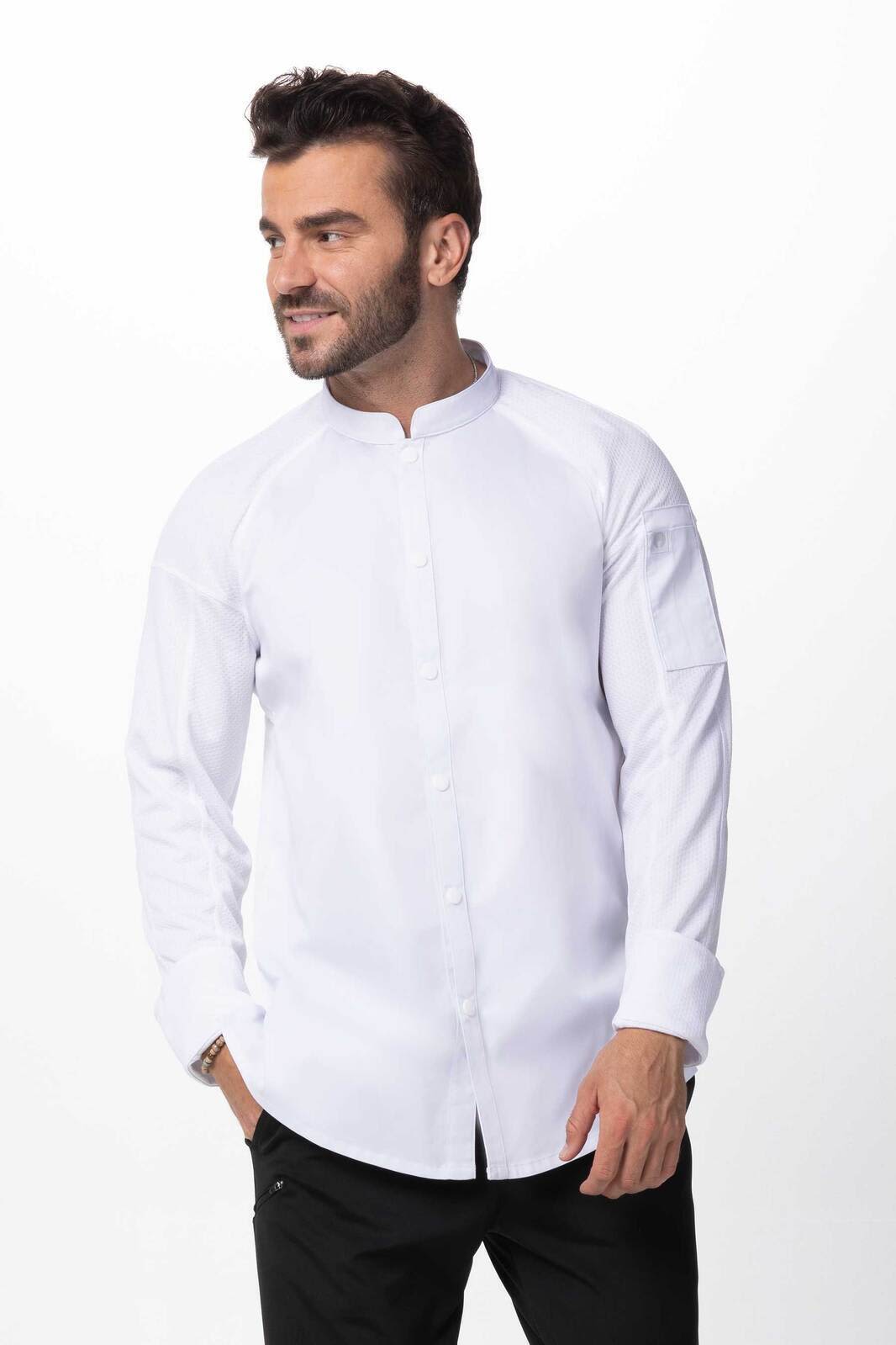 A white men's chef jacket with a stand-up collar and long sleeves, featuring a logo.