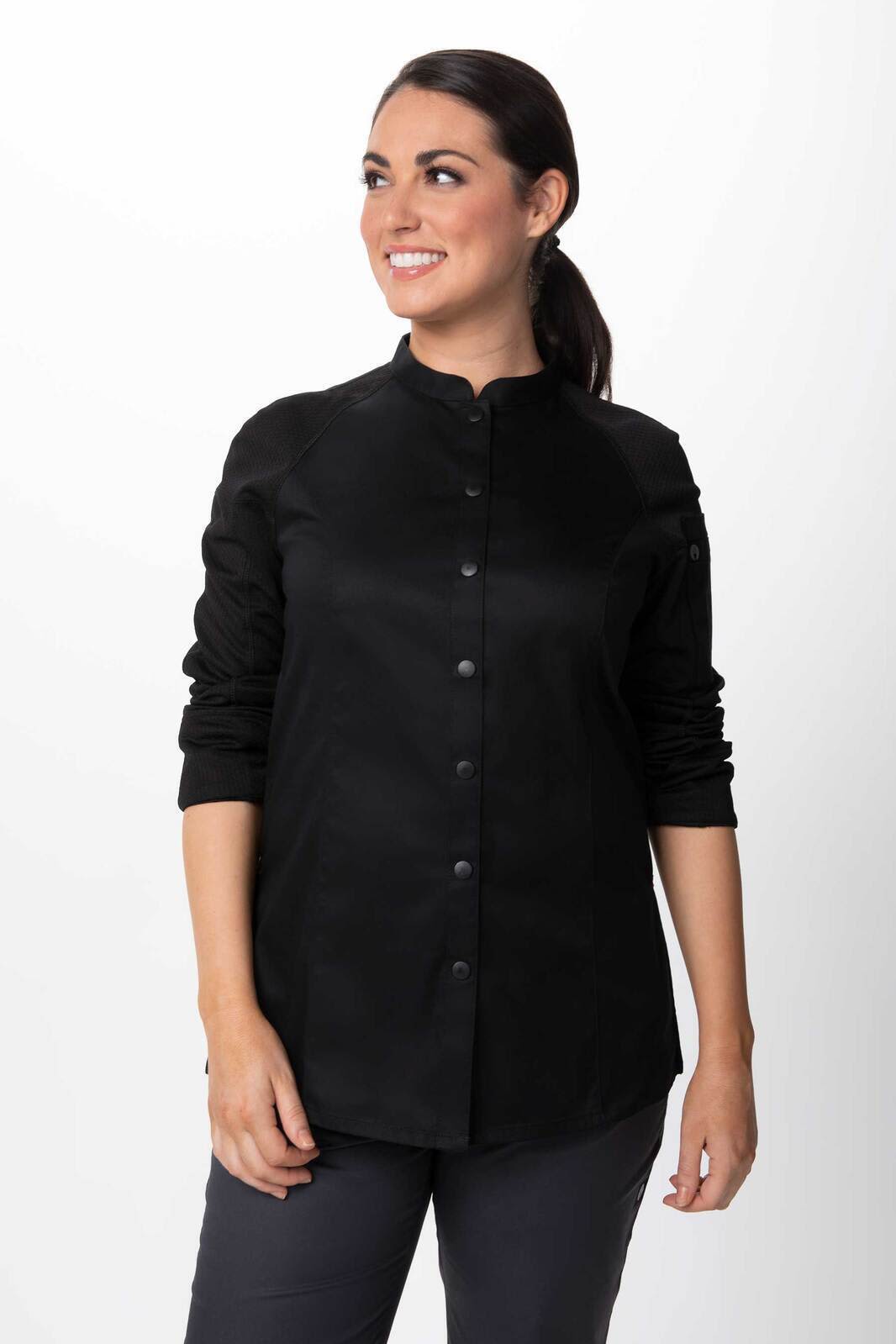 A black women's chef jacket features a mandarin collar and long sleeves, with buttons down the front.