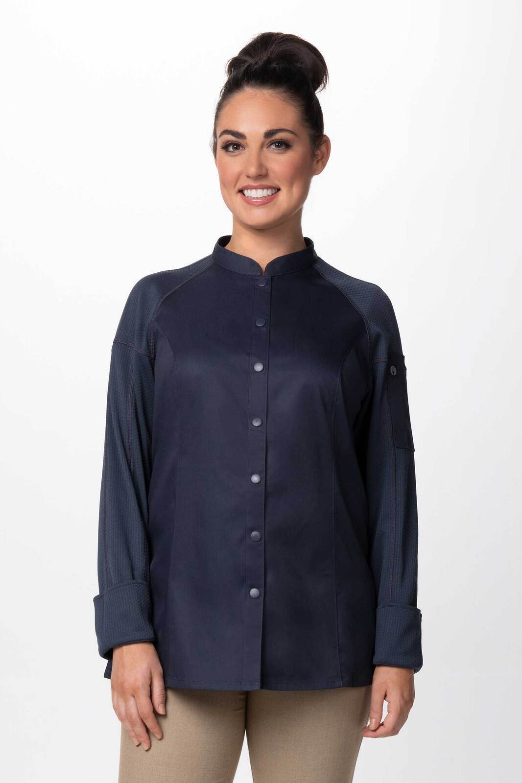 A women's chef jacket in navy blue, featuring a collared neckline, button front, and long sleeves.