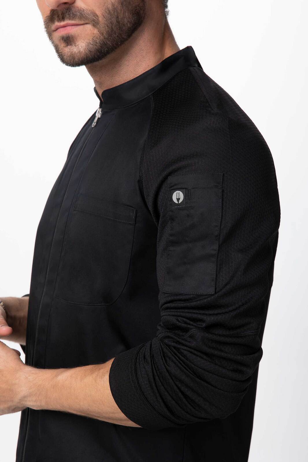 A black men's chef jacket featuring a stand collar, long sleeves, and a side pocket with a logo.