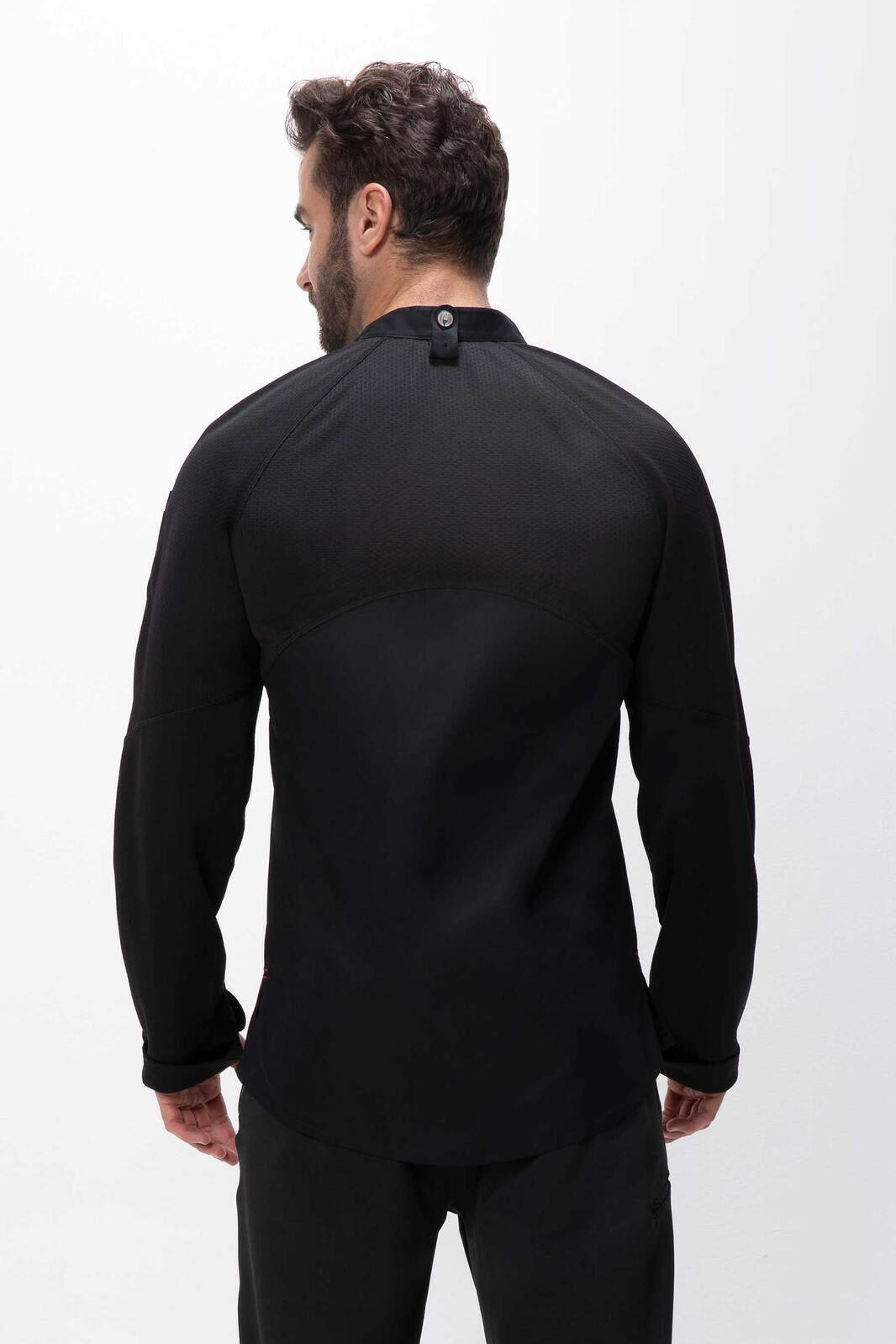 A black men's chef jacket featuring a sleek design and a logo on the back.