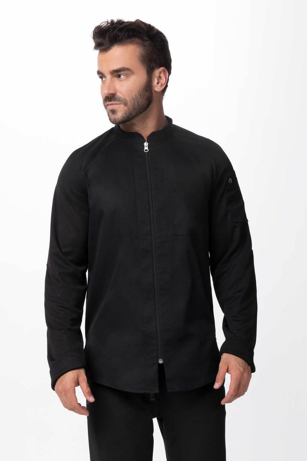 A black chef jacket featuring a high collar and a zip front, designed for men, with one logo detail.