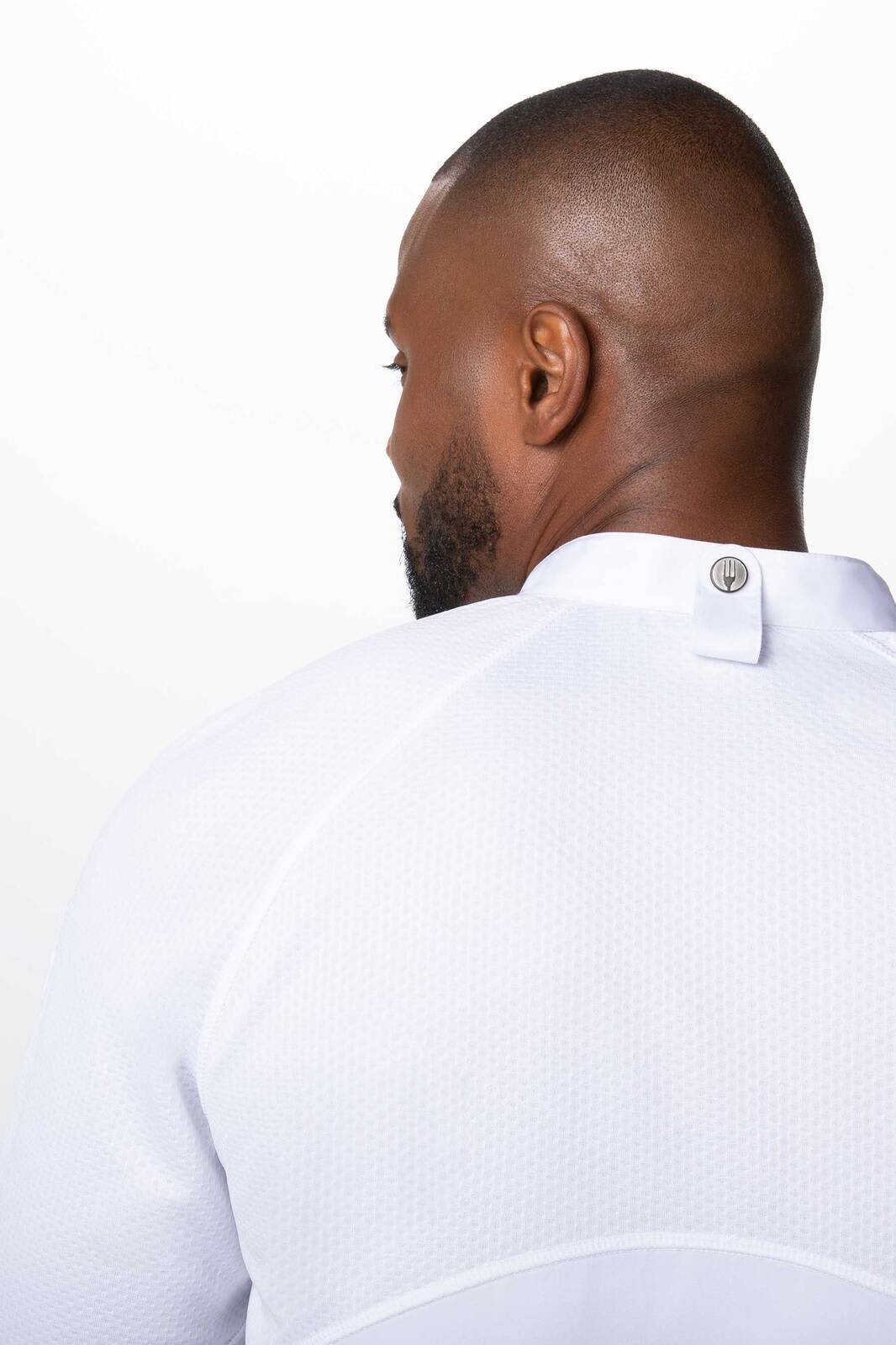 A white men's chef jacket with a textured design, featuring a button detail at the neck and a branding logo.
