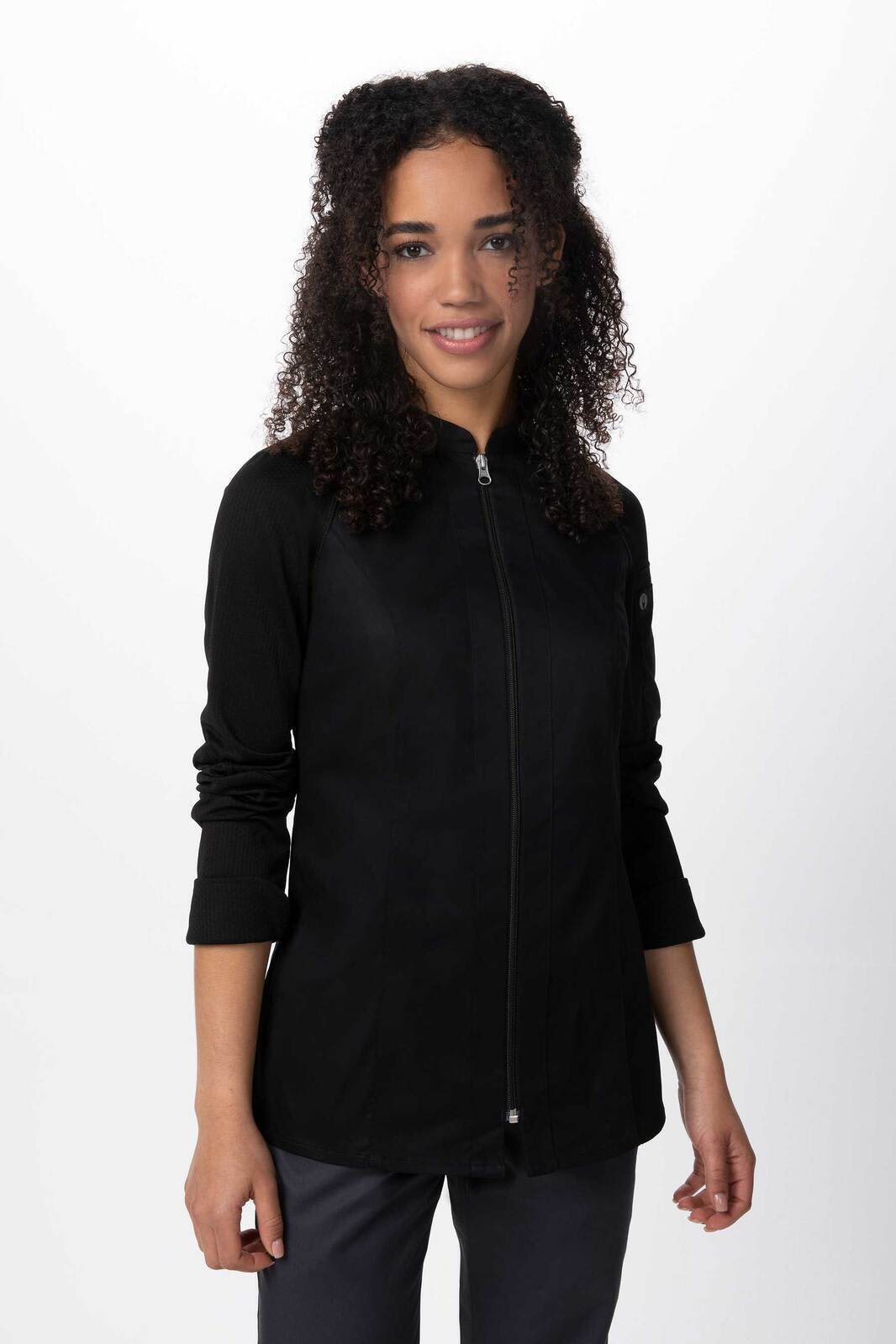 A black women's chef jacket with a zip front and long sleeves, featuring a logo on the chest.