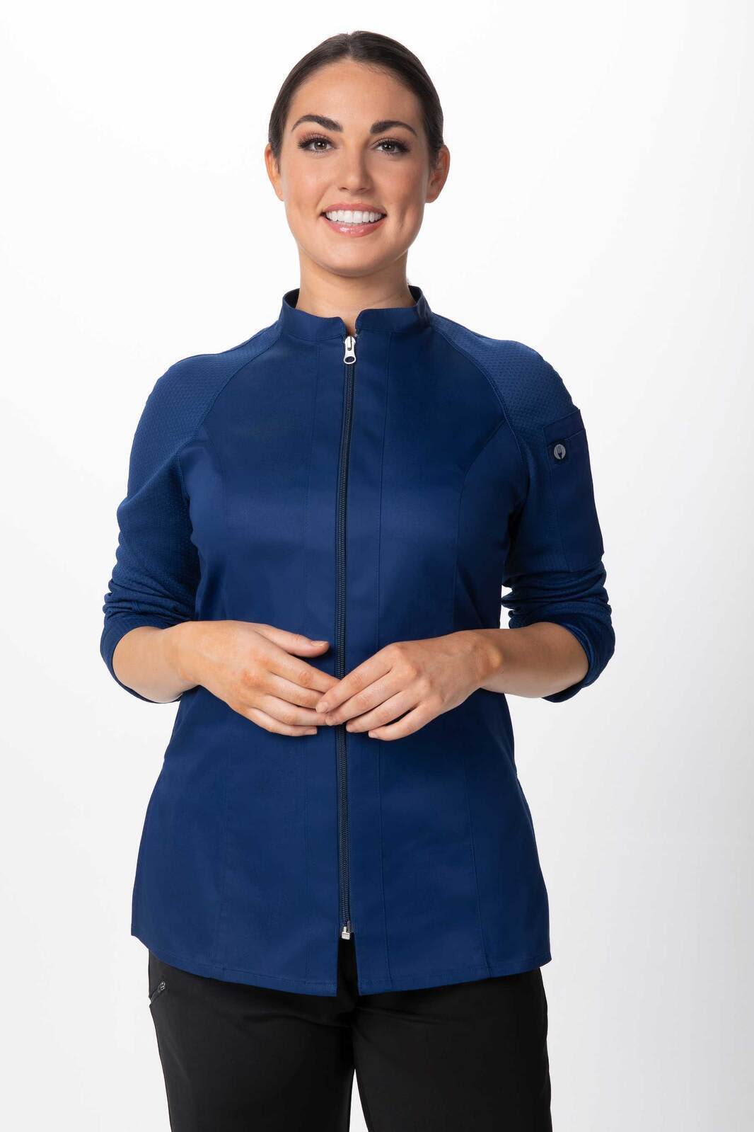 A women's chef jacket in navy blue featuring a zip front and stylish design, with a logo on the sleeve.