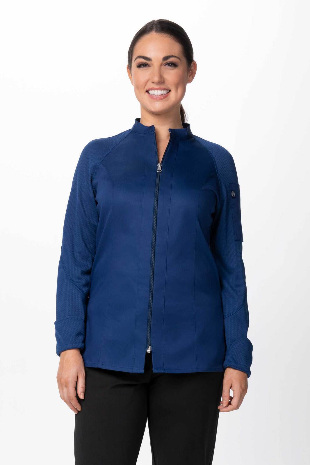 A navy women's chef jacket with a zip front, long sleeves, and a fitted design. It features a logo on the sleeve.