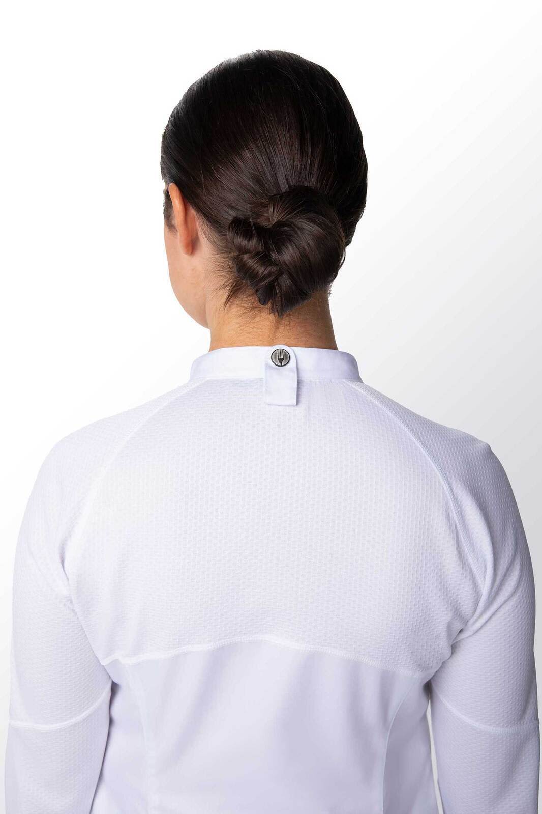 A white women's chef jacket with a button at the back, featuring a textured design.