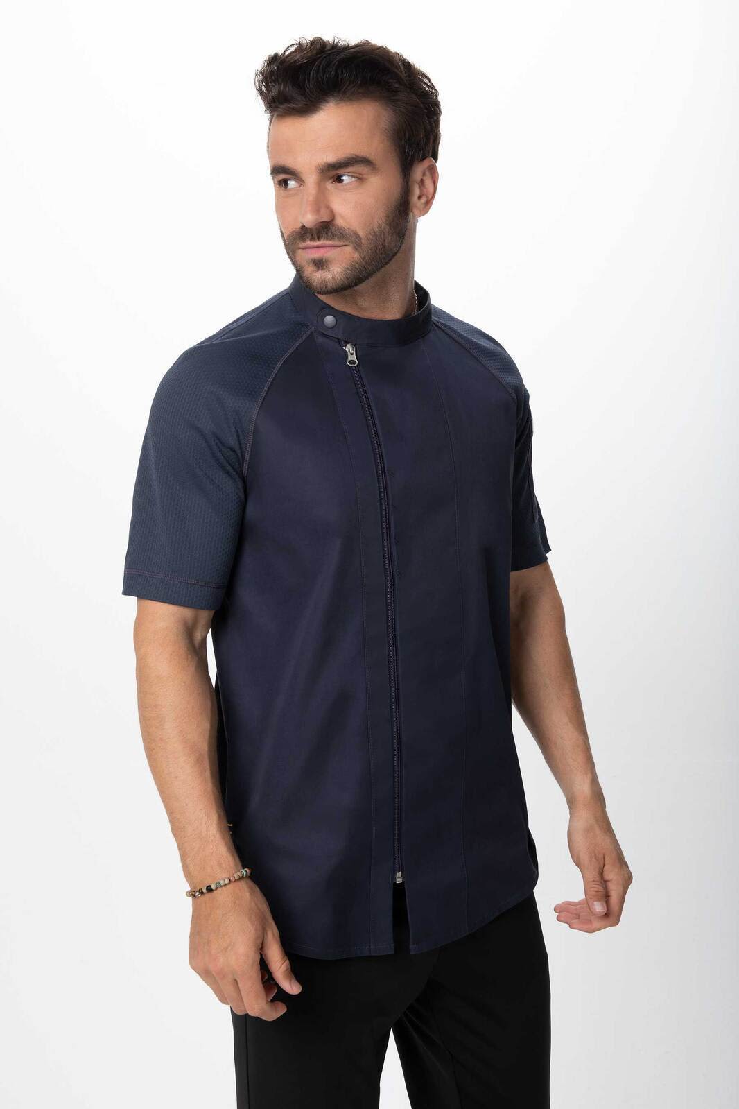 A navy men's chef jacket with short sleeves and a sleek zip-front design. It features a logo on the chest.
