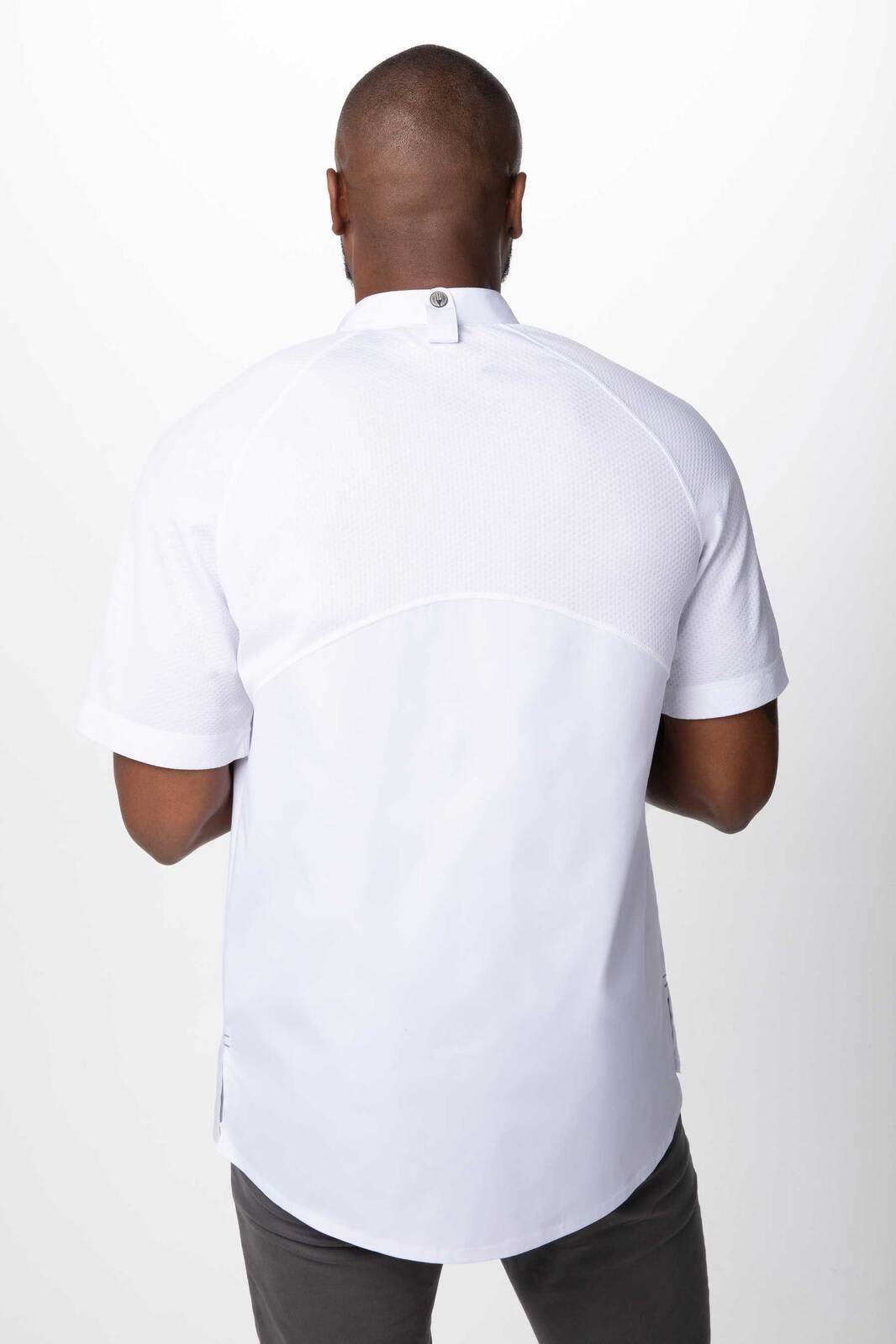 A white men's chef jacket viewed from the back, featuring a short-sleeve design and a logo.