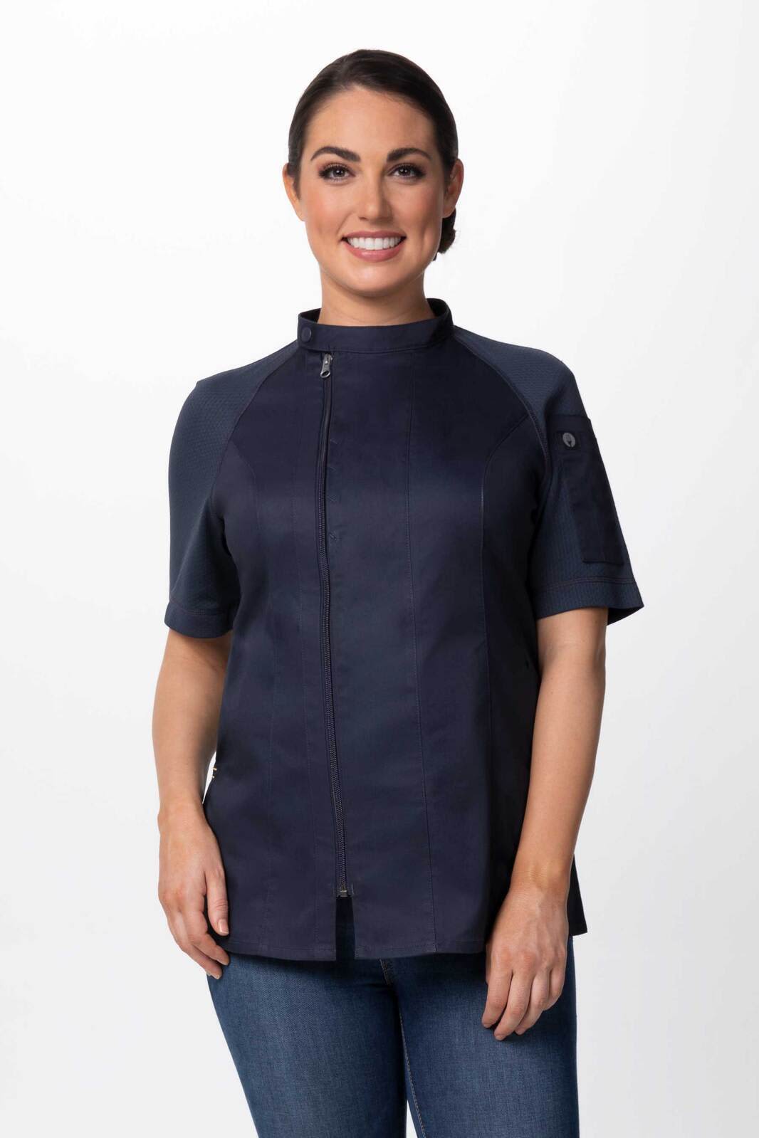 A women's chef jacket in navy blue with short sleeves and a zippered front, featuring a logo on one sleeve.