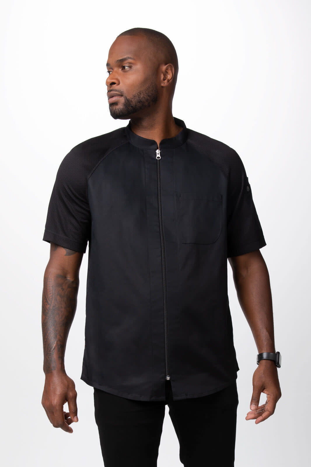 A black men's chef jacket with short sleeves and a zip front, featuring a chest pocket and a logo.