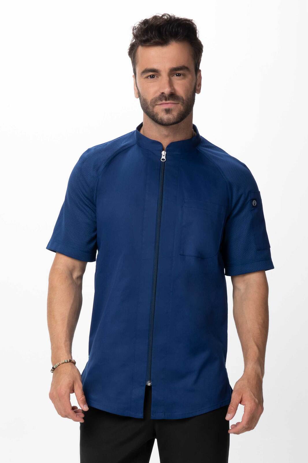 A navy blue men's chef jacket with a zip front, short sleeves, and a pocket on the left side, featuring a logo.