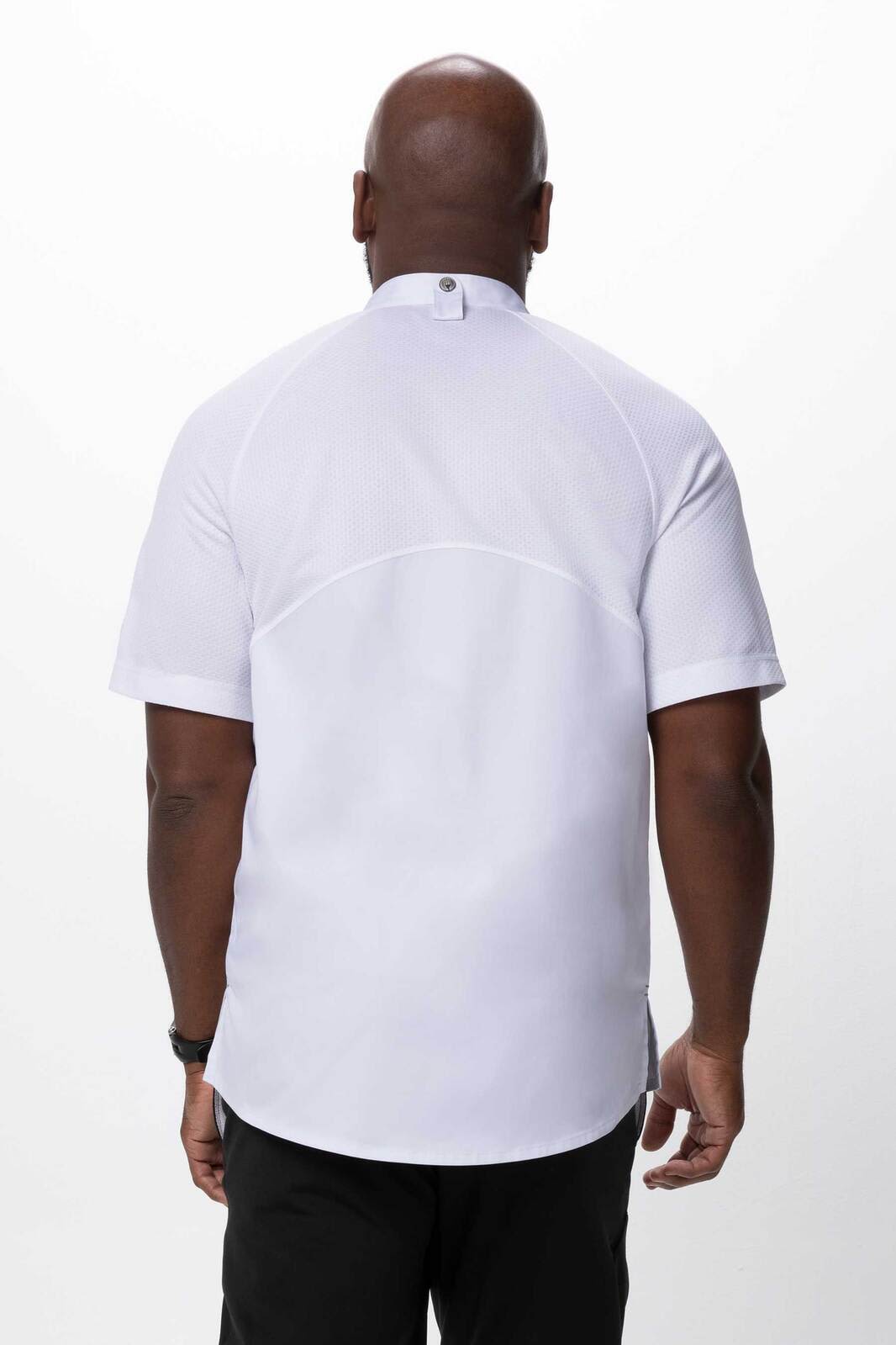 A men's chef jacket in white, featuring short sleeves and a back view with a logo.