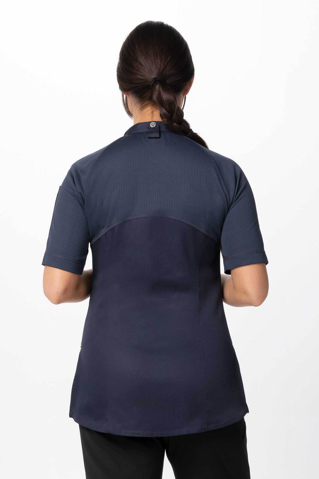A women's chef jacket in navy with a short-sleeved design and a logo on the back.