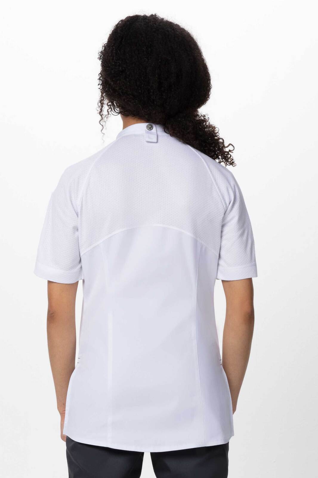 A white women's chef jacket with short sleeves and a fitted design, featuring a logo on the back.