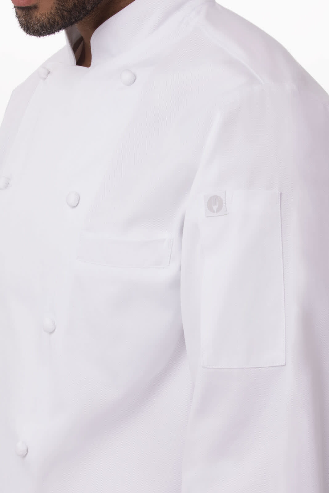 A white men's executive chef jacket features a classic design with double-breasted buttons and a side pocket.
