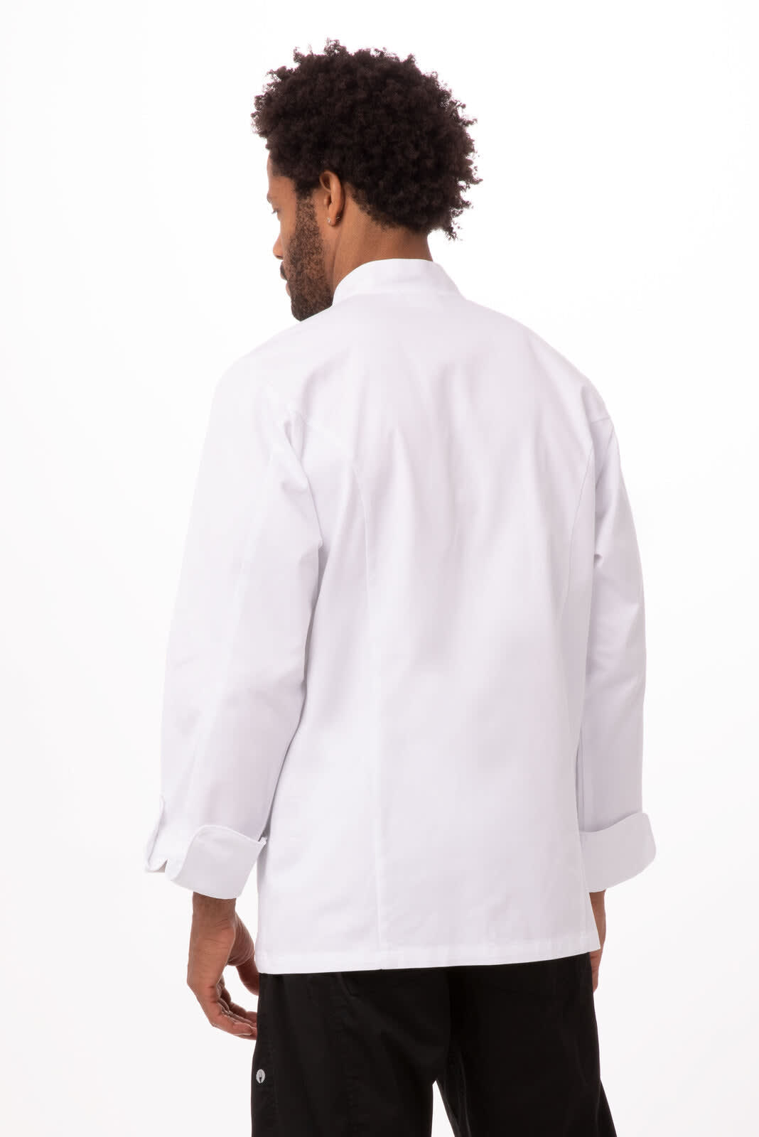 A white executive chef jacket for men, featuring long sleeves and a simple design. Includes a logo.