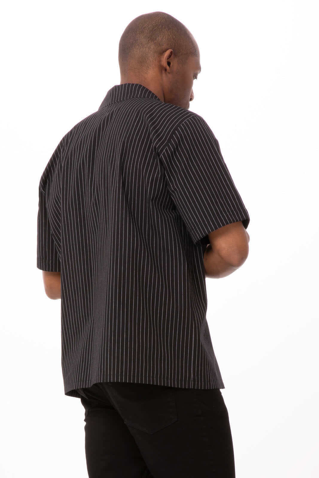 A black and white striped cook shirt with short sleeves, featuring a collar and a logo on the back.