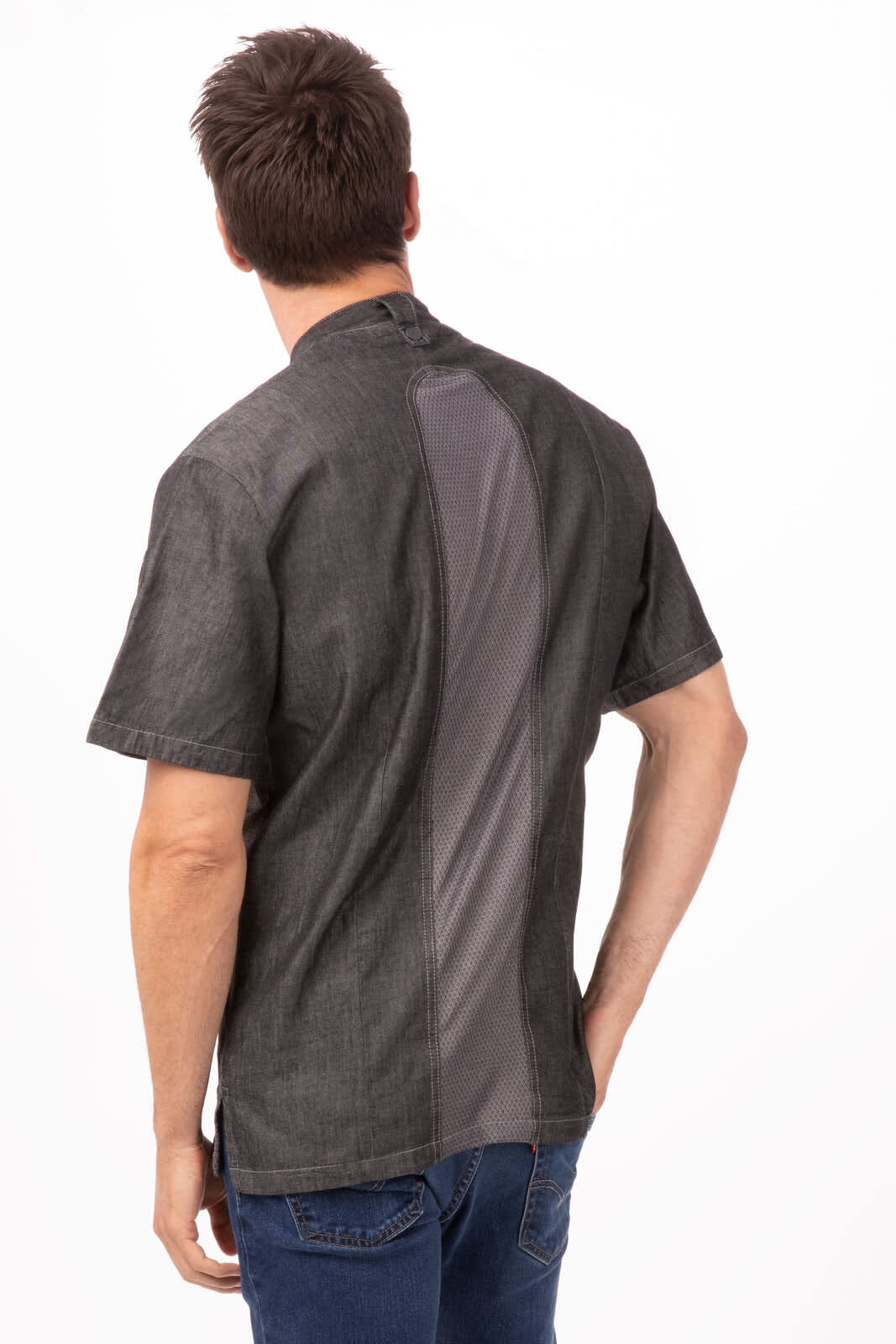 A men's executive chef jacket in dark grey, featuring a stylish back design and short sleeves.