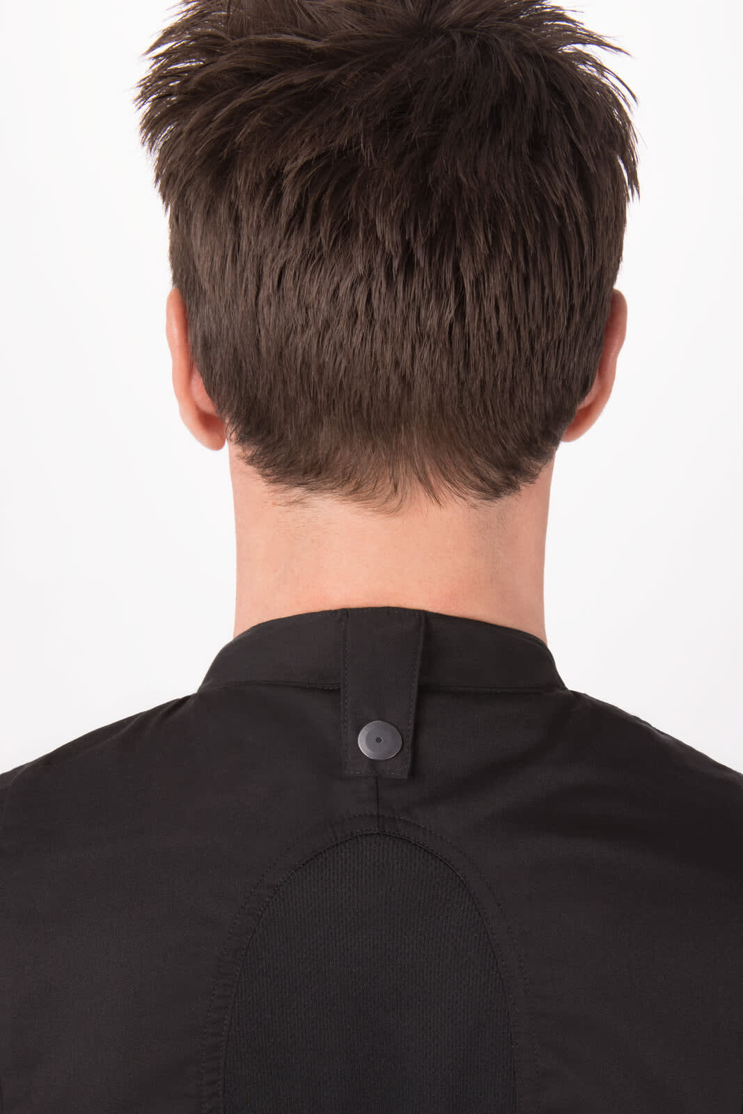 A black chef jacket featuring a back collar button and a stylish design, with a plain, unobtrusive style.