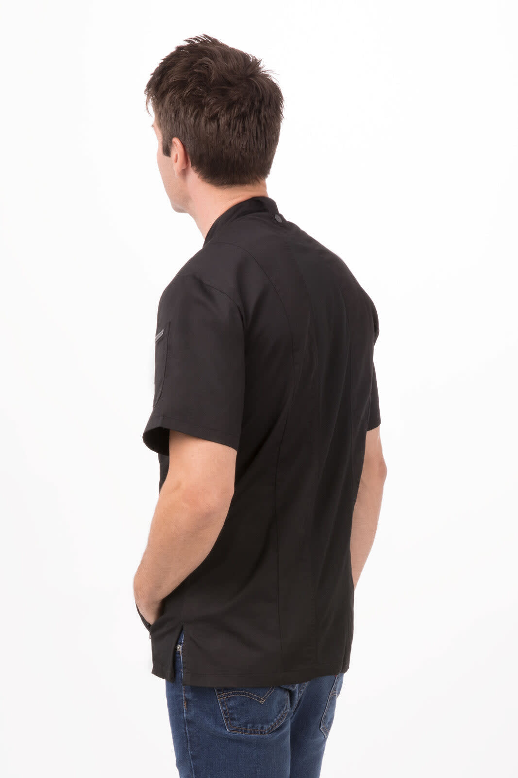 A black men's chef jacket with short sleeves and a logo at the shoulder, viewed from the back.
