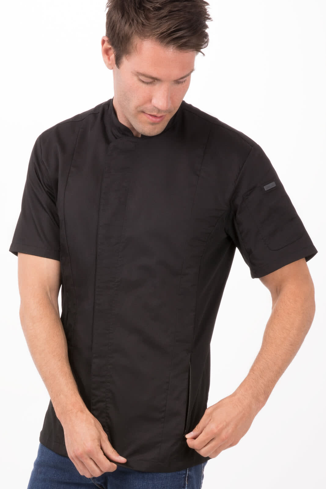 A men's chef jacket in black, featuring a modern design and a logo on the sleeve.
