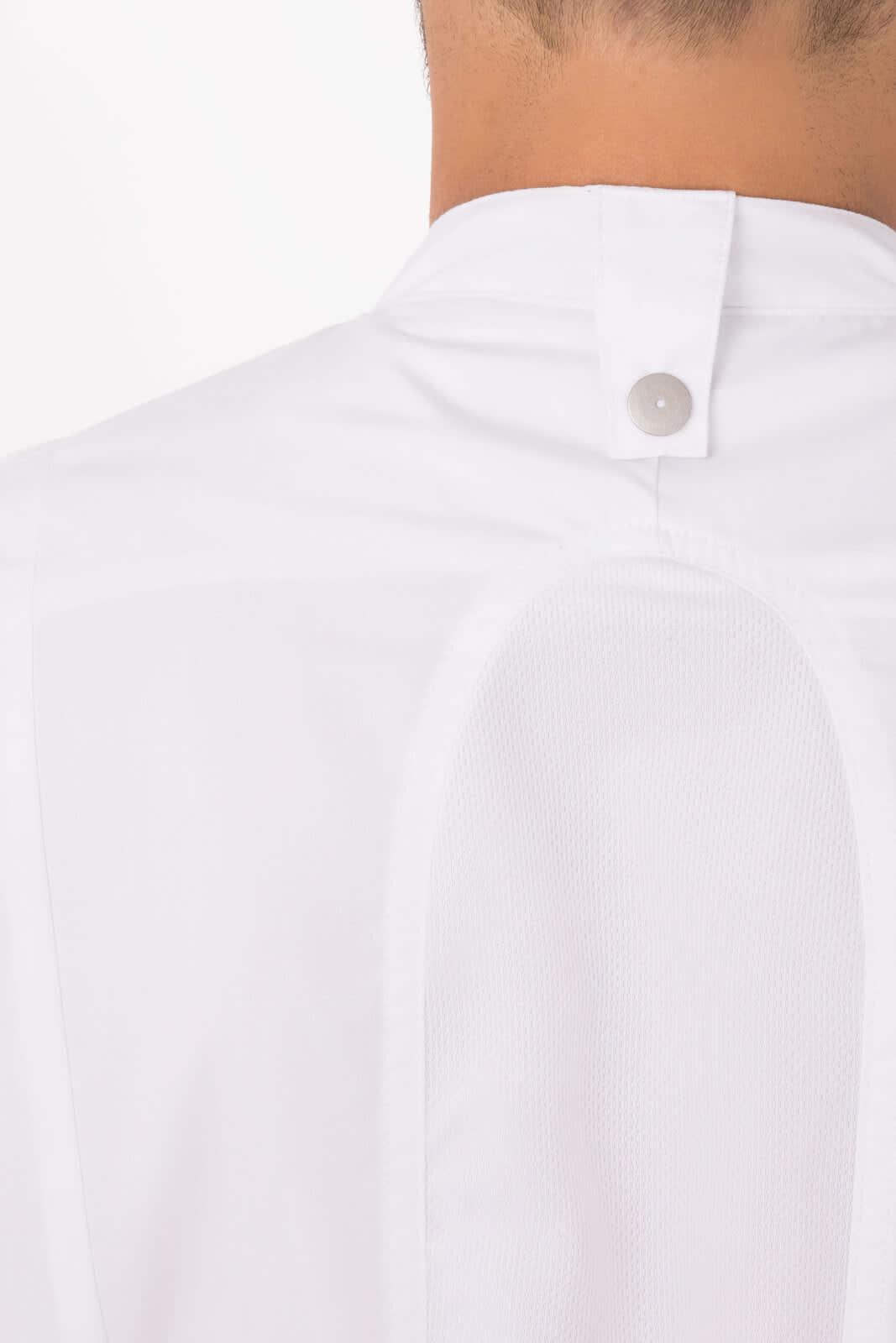 A white chef jacket featuring a high collar and a button closure at the back. Includes a logo on the fabric.