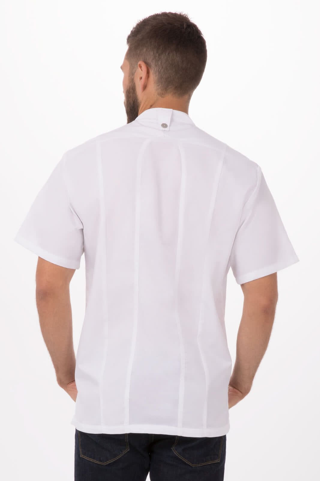 A white chef jacket featuring short sleeves and a back design, with a logo displayed on the collar.