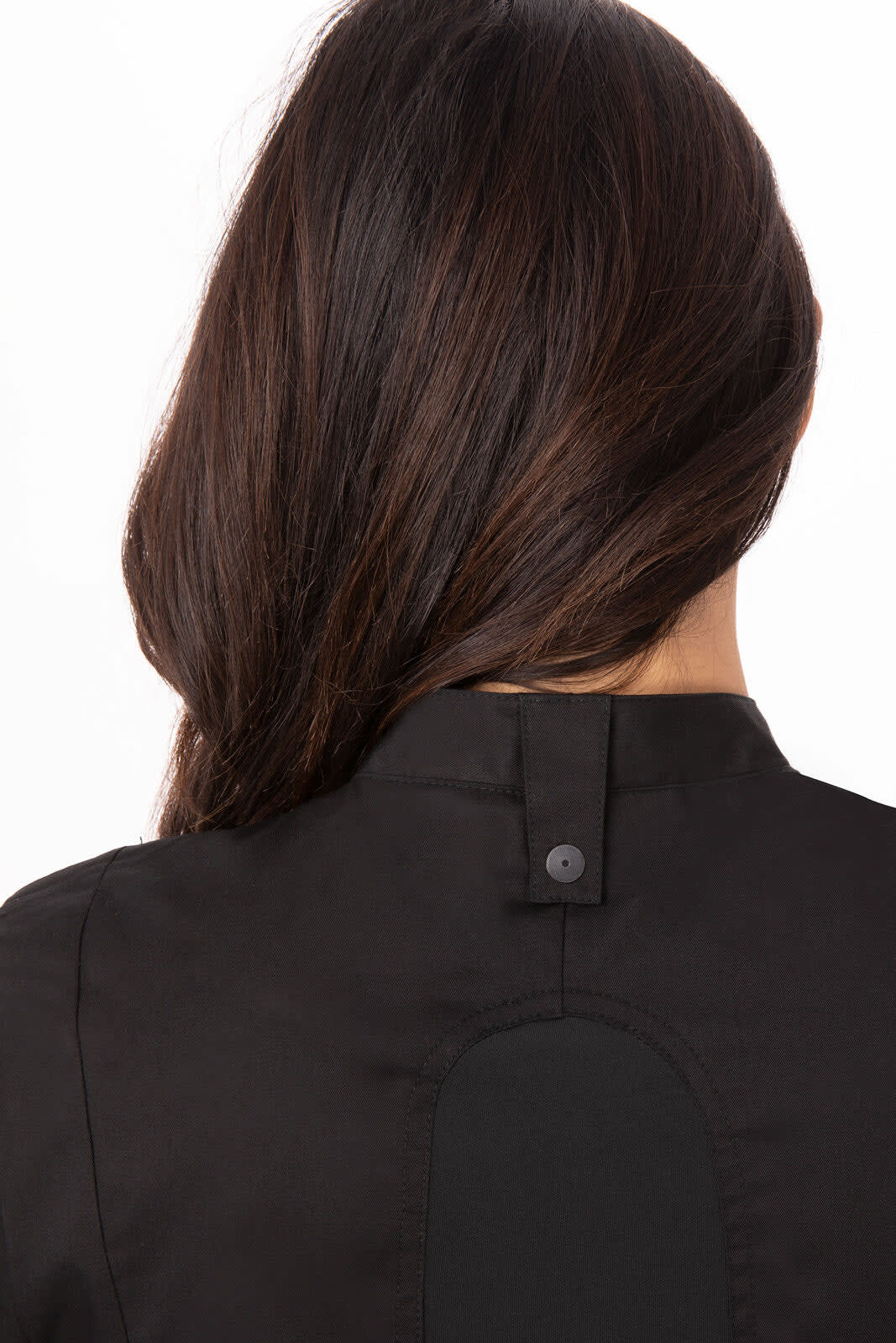 A women's chef jacket in black, featuring a back collar button and a curved yoke design. 