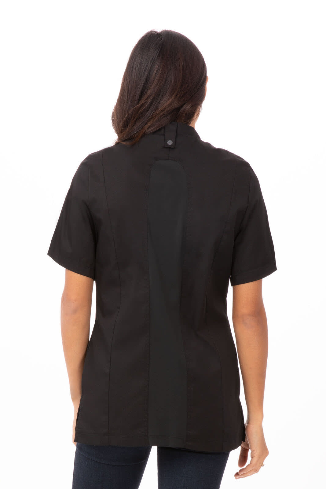 A black women's chef jacket with short sleeves and a high collar, featuring a branding logo.
