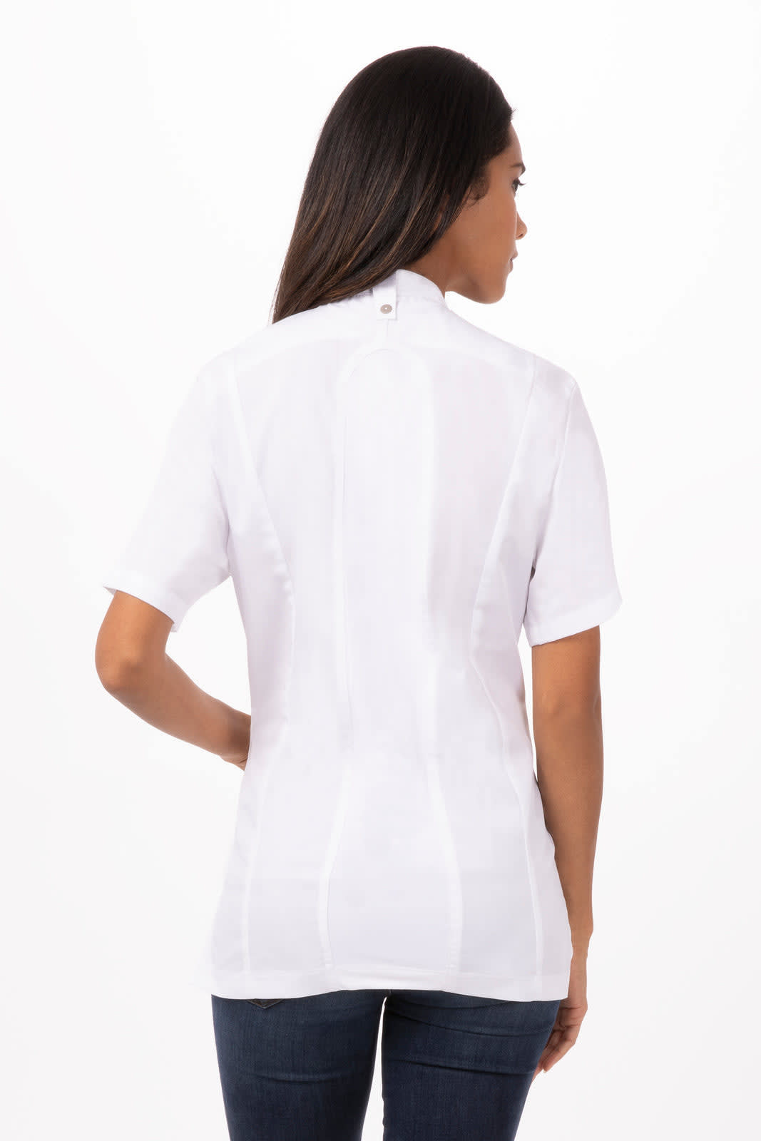 A white women's chef jacket with short sleeves, featuring a button at the back and a fitted design.