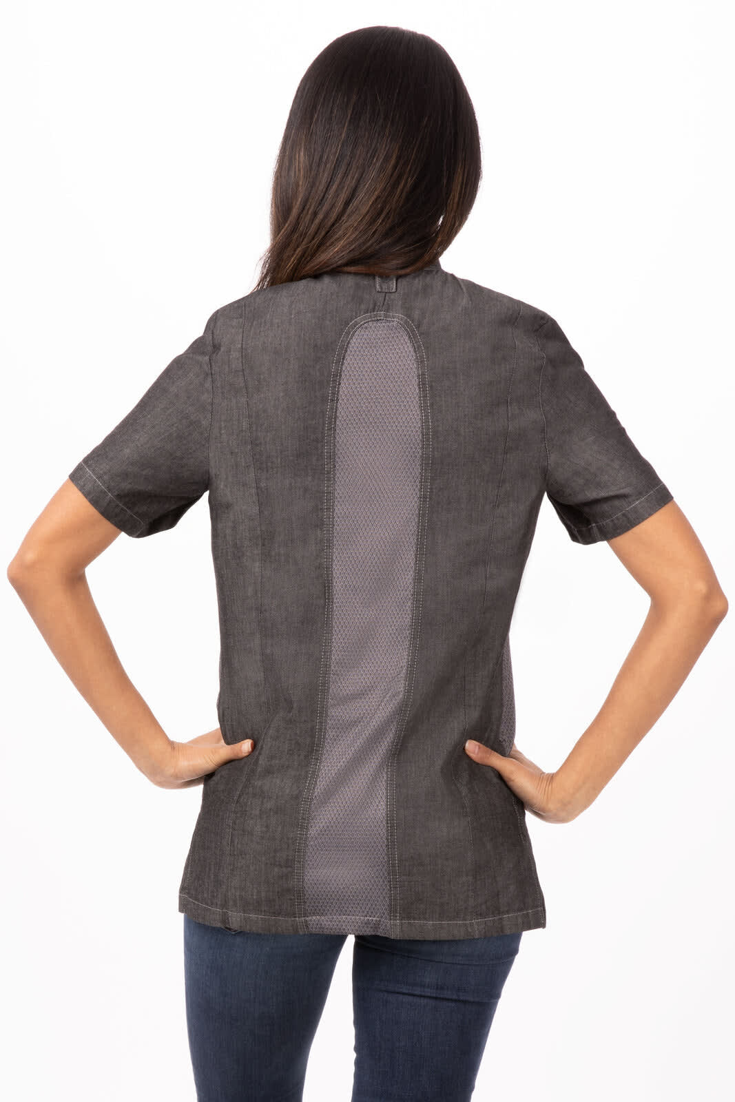 A chef jacket in grey with a back vent, featuring short sleeves and a fitted design.