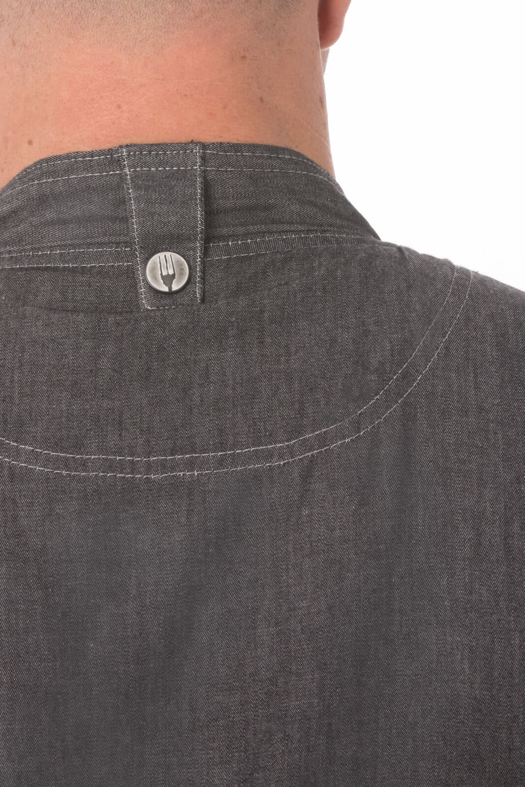 A grey men's chef jacket featuring a button closure at the back and contrasting stitching details.