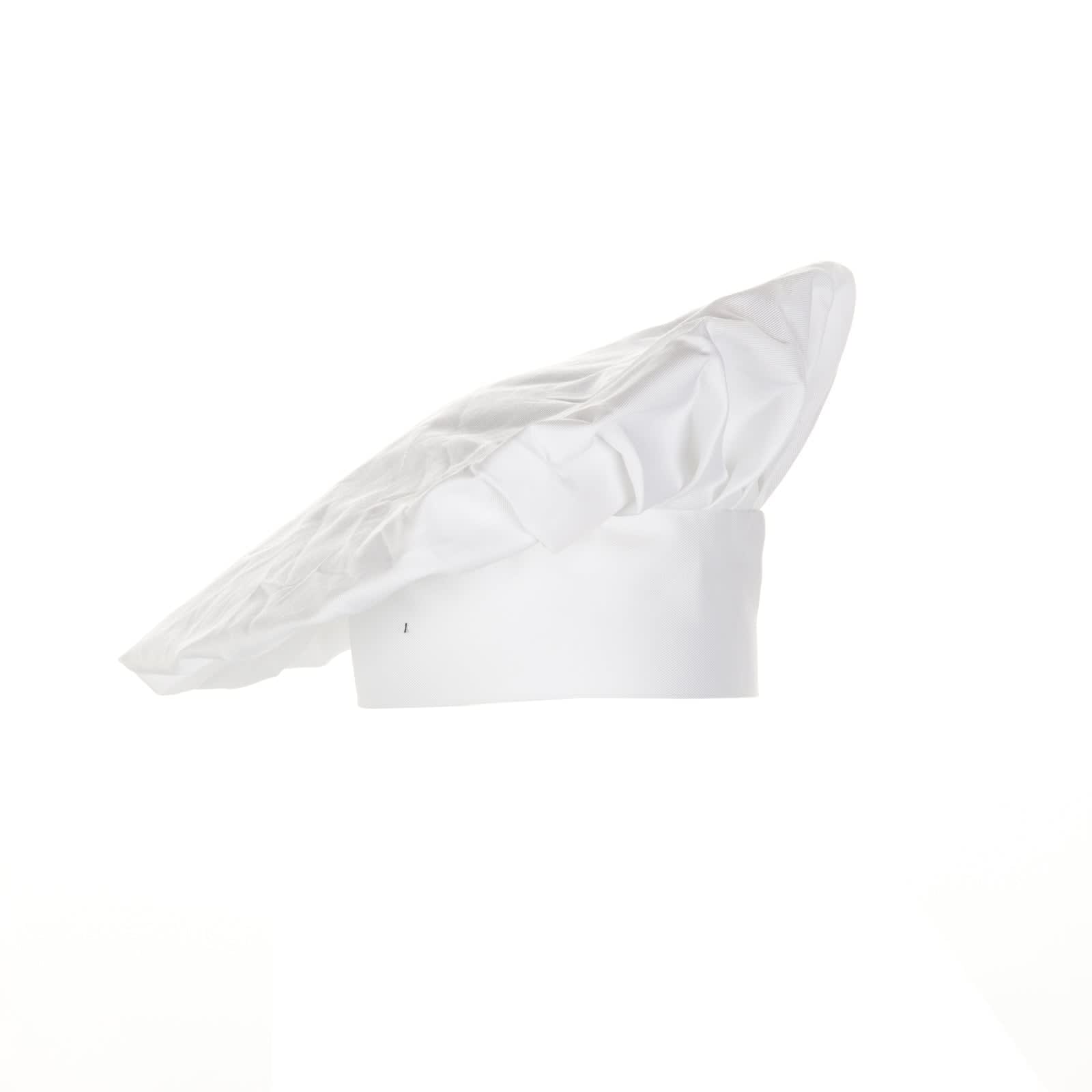 A white chef hat with a tall, flared design and a rounded top, featuring a simple band at the base.