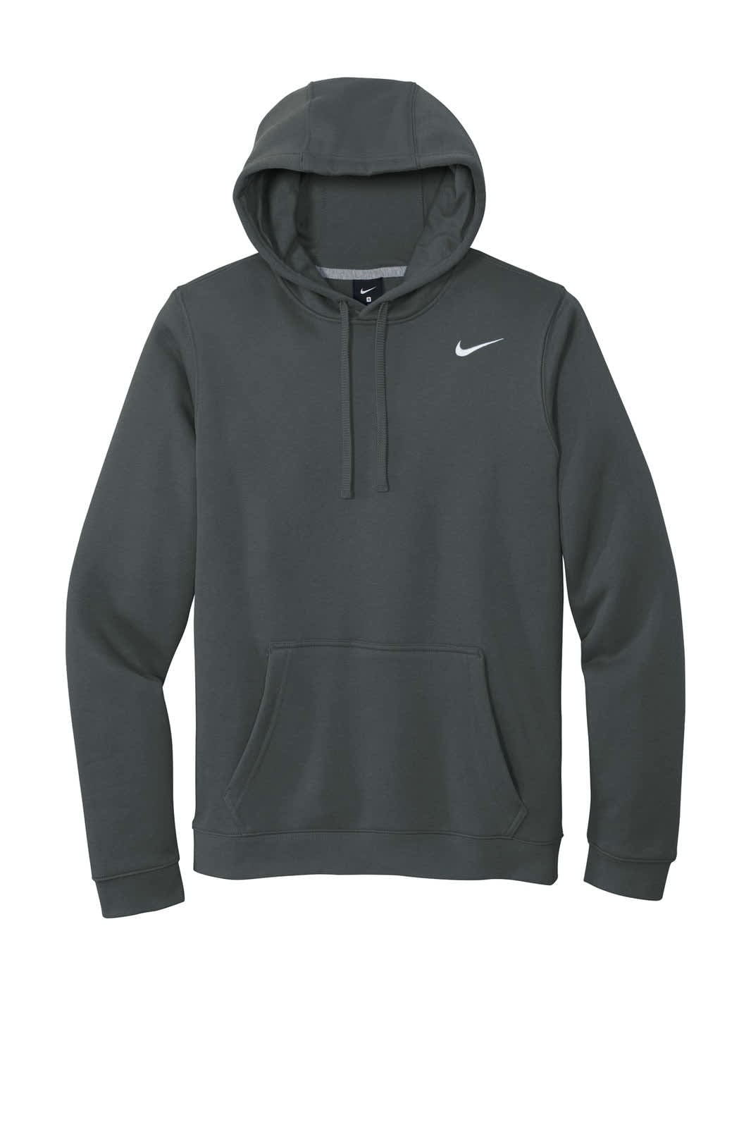 A grey Nike Club Fleece pullover hoodie featuring a logo and a front pocket.