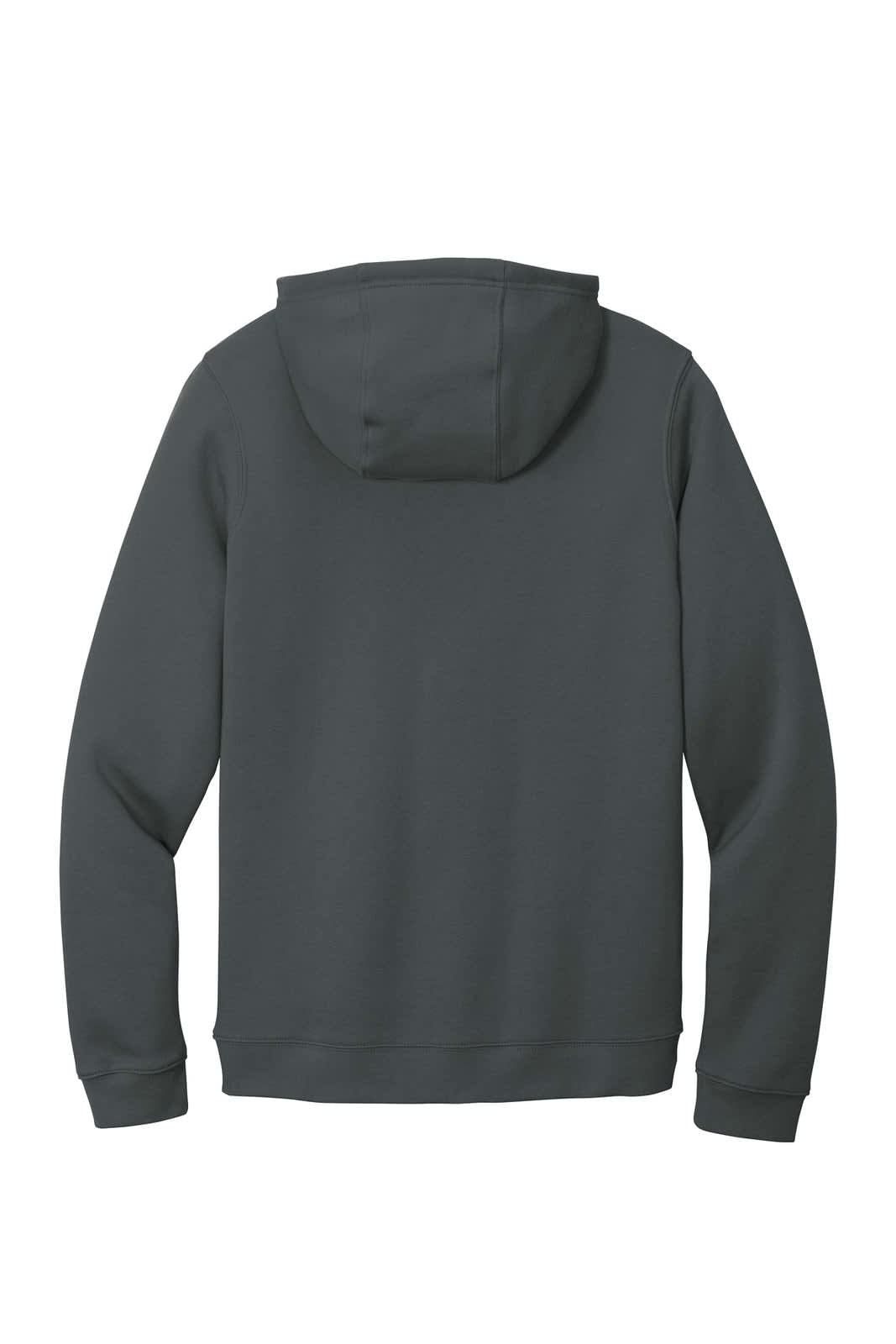 A grey Nike Club Fleece Pullover Hoodie viewed from the back, featuring a hood and long sleeves.