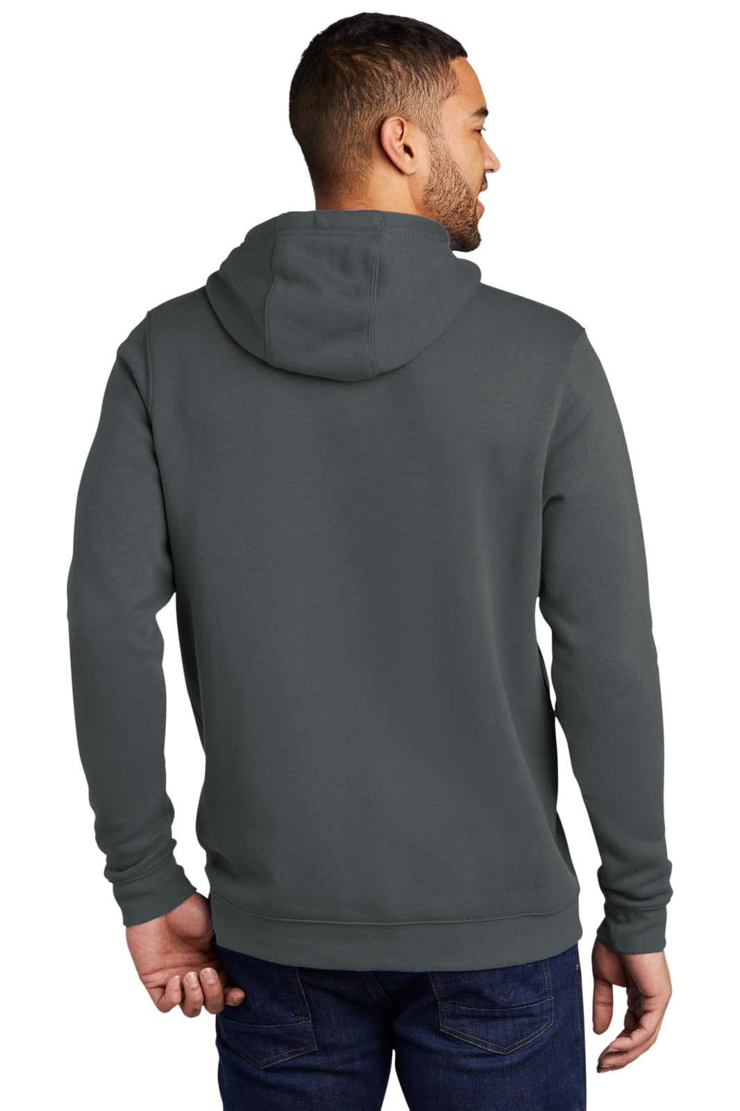 A grey Nike Club Fleece Pullover Hoodie with a front pocket and a hood, displayed from the back.