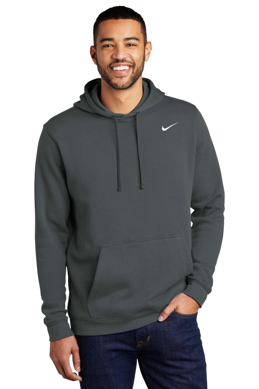 A grey Nike Club Fleece Pullover Hoodie with a drawstring hood and a front pocket, featuring a logo.