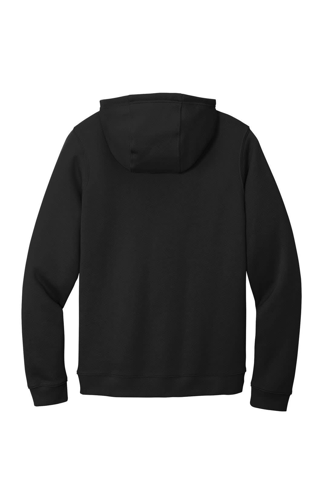 A black Nike Club Fleece Pullover Hoodie featuring a hood and long sleeves, with a logo on the front.