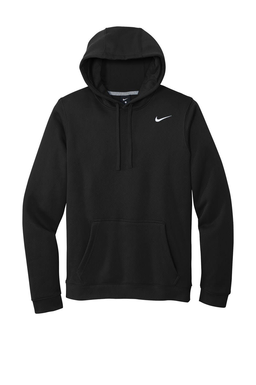 A black Nike Club Fleece pullover hoodie with a front pocket and a hood. It has a logo on the chest.