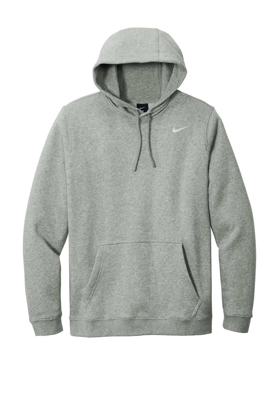 A grey Nike Club Fleece Pullover Hoodie featuring a hood and a front pocket, with a logo on the chest.
